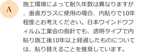 施工環境によって耐久年数は異なりますが、垂直ガラスに使用の場合、内貼りで10年程度とお考えください。日本ウインドウフィルム工業会の指針でも、透明タイプで内貼り施工後10年以上経過したものについては、貼り替えることを推奨しています。
      